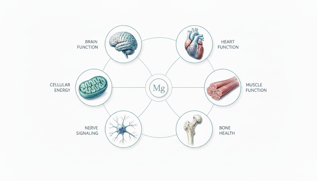 Infographic showing magnesium's involvement in brain function, heart function, muscle function, bone health, nerve signaling and cellular energy.