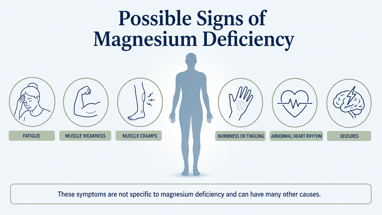 Possible signs of magnesium deficiency including fatigue, muscle weakness, muscle cramps, numbness or tingling, abnormal heart rhythm and seizures