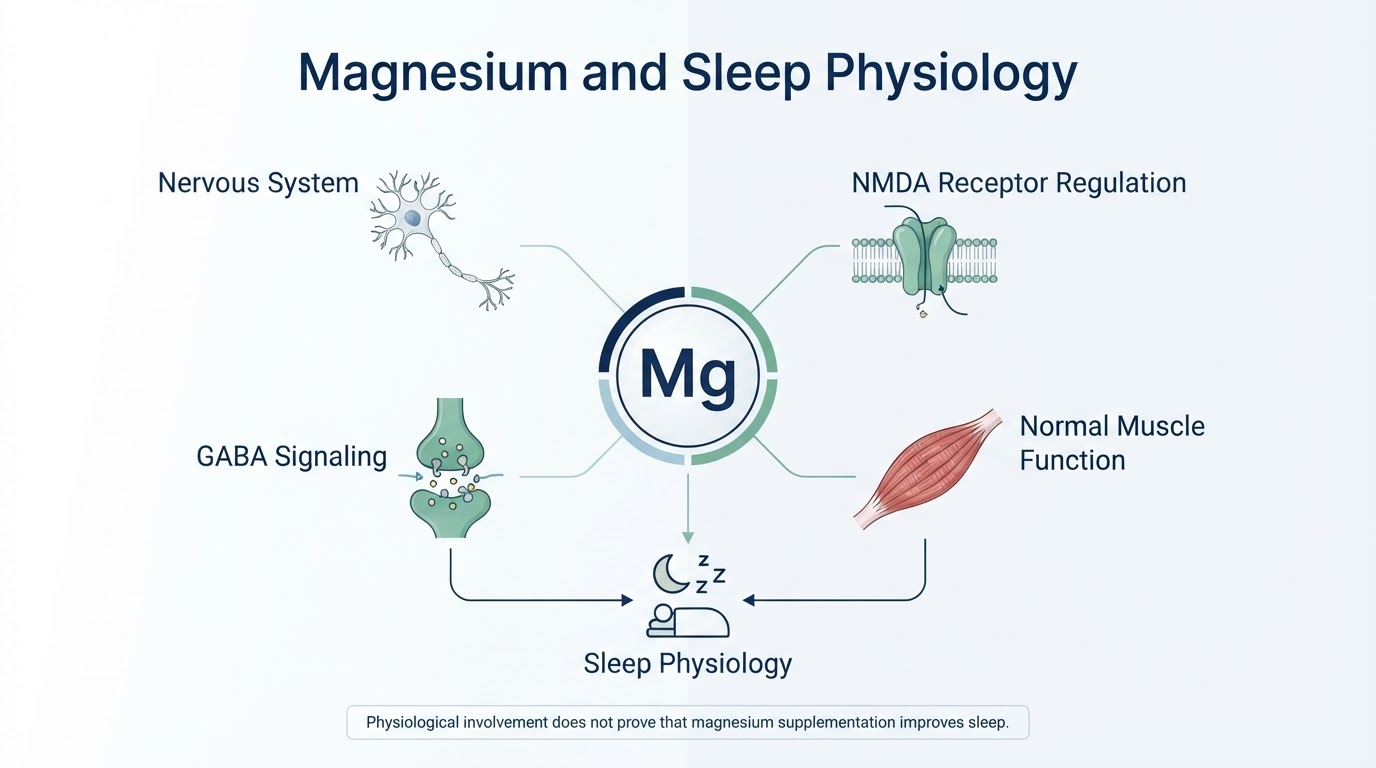 Magnesium and sleep physiology including nervous system, NMDA receptor regulation, GABA signaling and normal muscle function