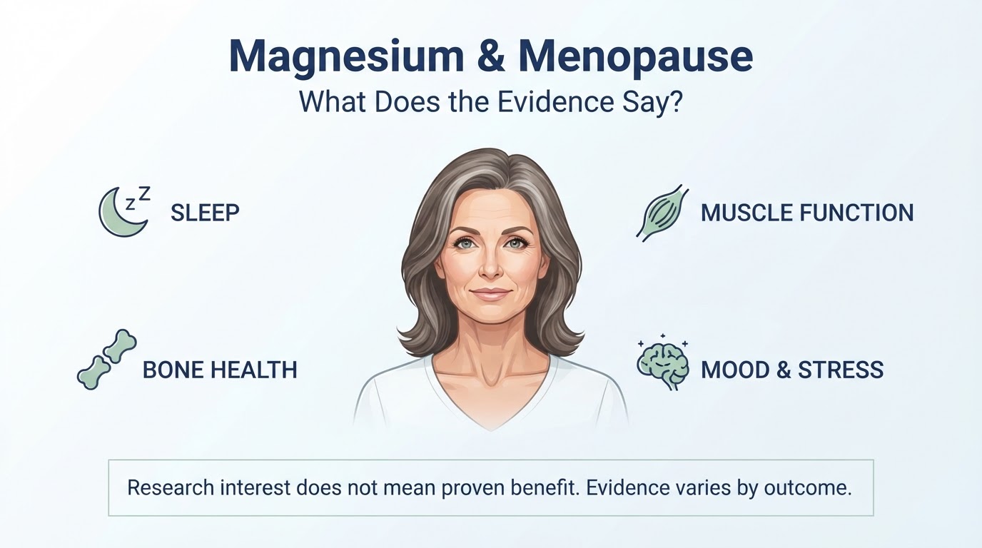 Magnesium and menopause infographic showing sleep, bone health, muscle function, and mood and stress