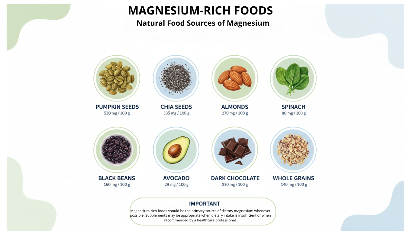Infographic showing magnesium-rich foods including pumpkin seeds, chia seeds, almonds, spinach, black beans, avocado, dark chocolate and whole grains.