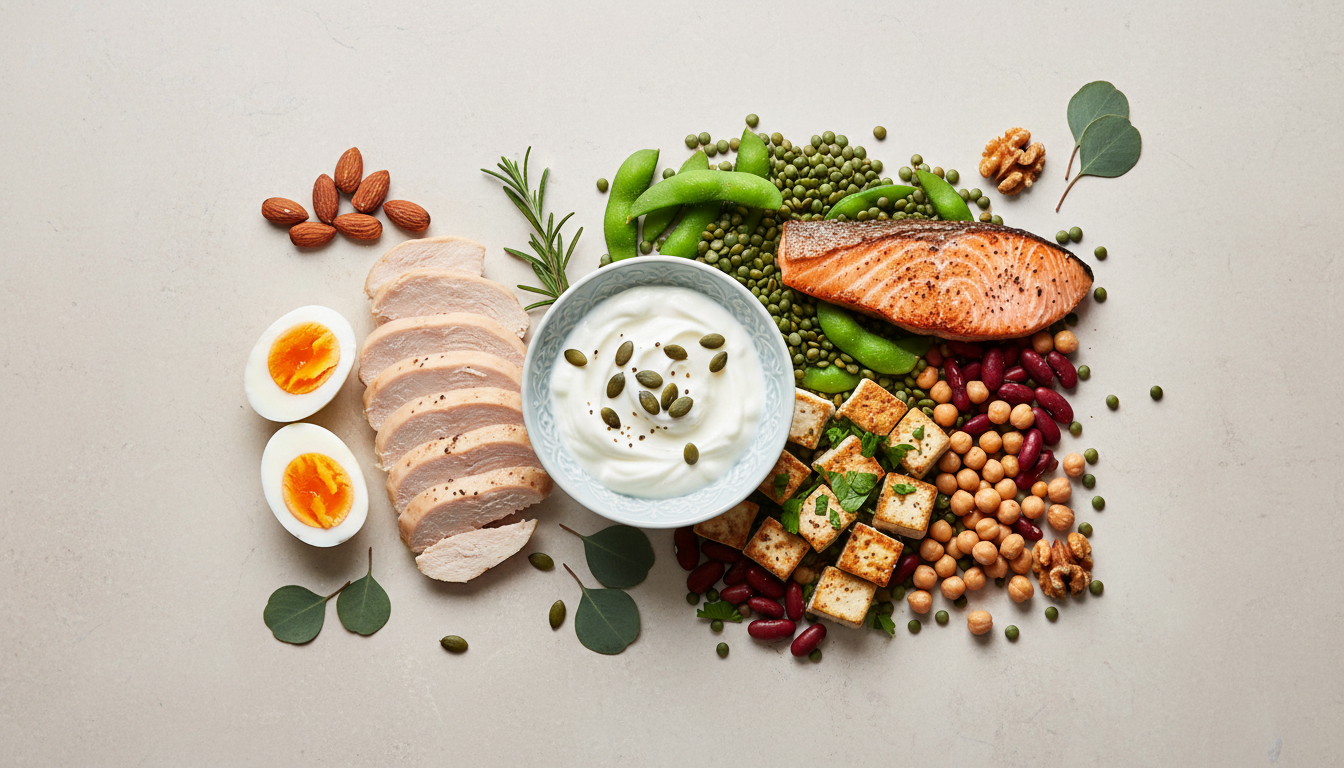 Variety of animal and plant protein-rich foods including eggs, yogurt, chicken, legumes, tofu, nuts and seeds