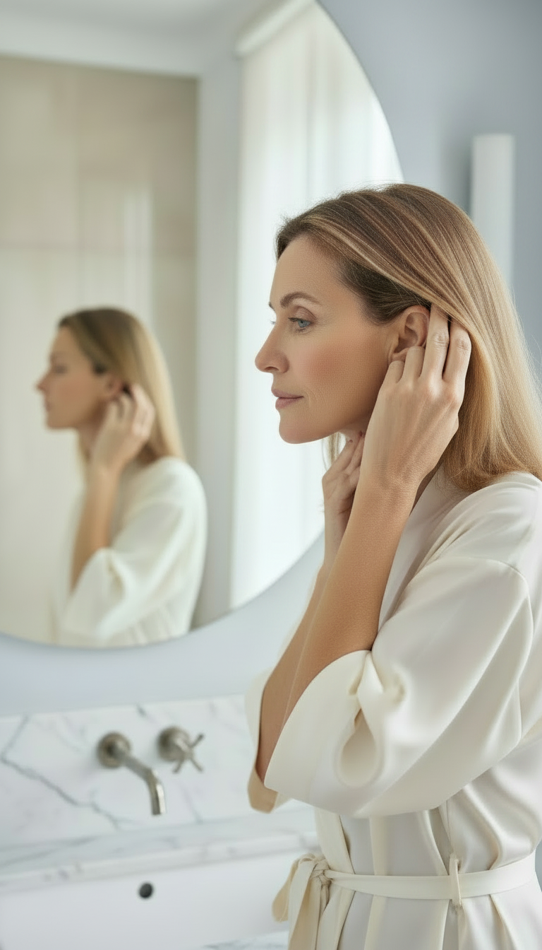 Woman examining her hair and scalp as part of her daily hair care routine