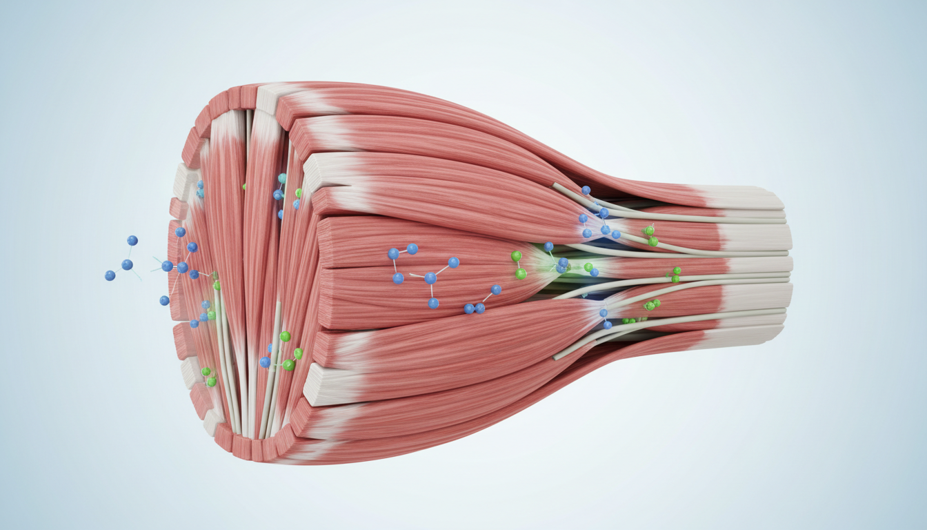 Scientific illustration of skeletal muscle fibers and amino acids